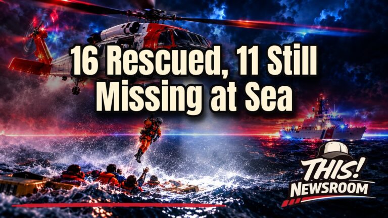 Coast Guard helicopter rescue swimmer lowering toward people in the Pacific Ocean at night, guardia costera search off Baja California