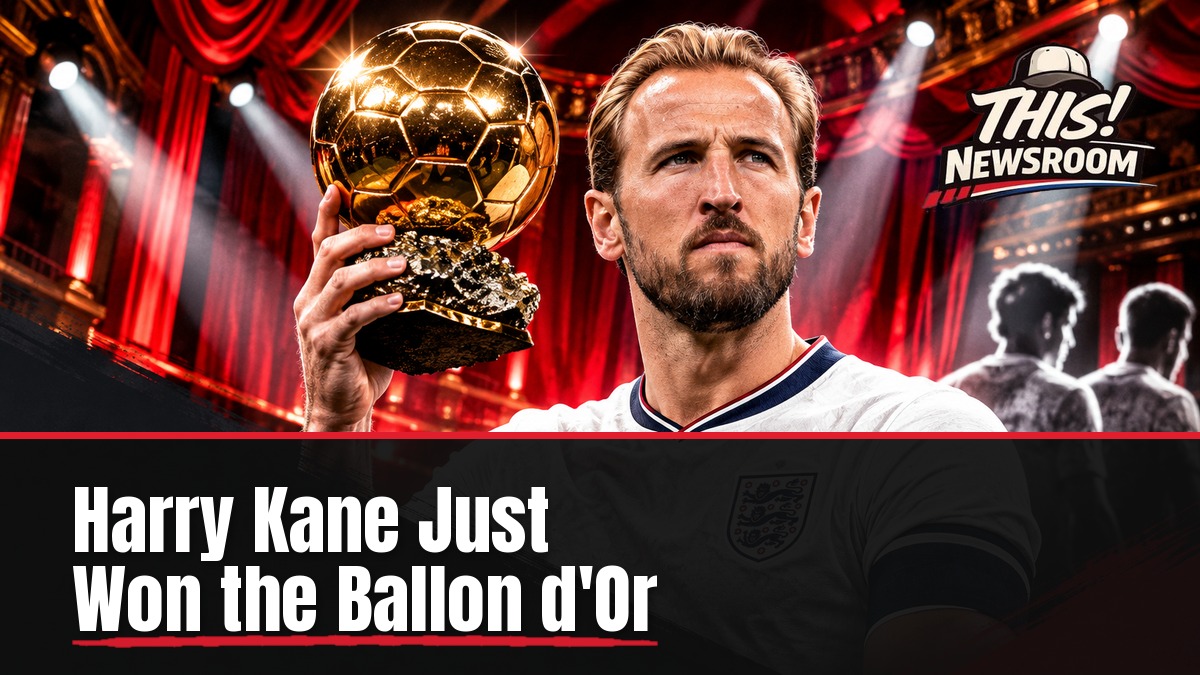 Editorial illustration of Harry Kane holding the golden Ballon d'Or trophy for the Harry Kane Ballon d'Or win