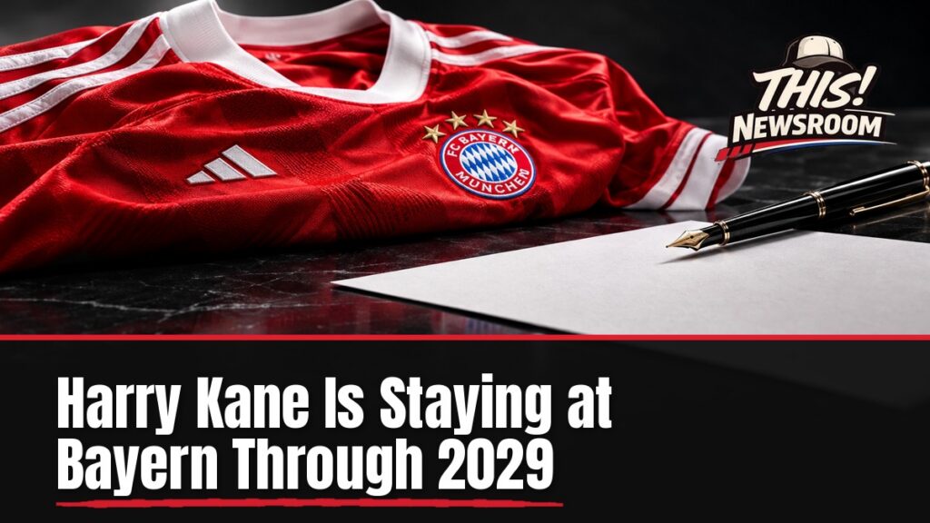 Harry Kane contract extension at Bayern Munich shown as a red-and-white stack of goal tallies in front of a charcoal backdrop