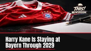 Harry Kane contract extension at Bayern Munich shown as a red-and-white stack of goal tallies in front of a charcoal backdrop