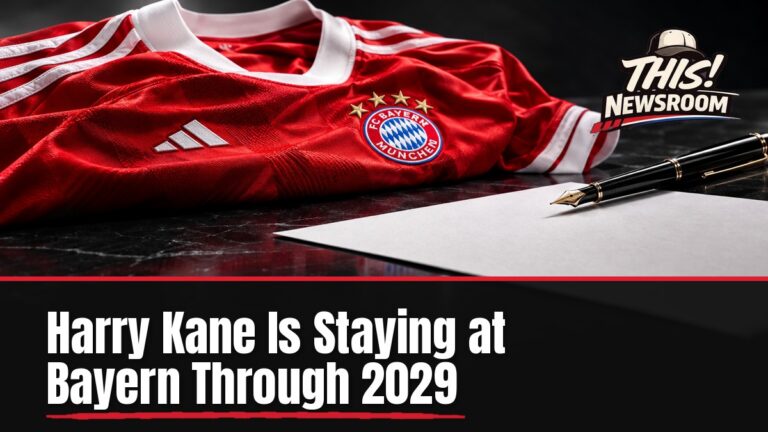 Harry Kane contract extension at Bayern Munich shown as a red-and-white stack of goal tallies in front of a charcoal backdrop