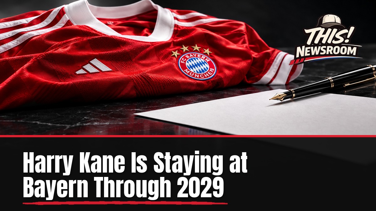 Harry Kane contract extension at Bayern Munich shown as a red-and-white stack of goal tallies in front of a charcoal backdrop