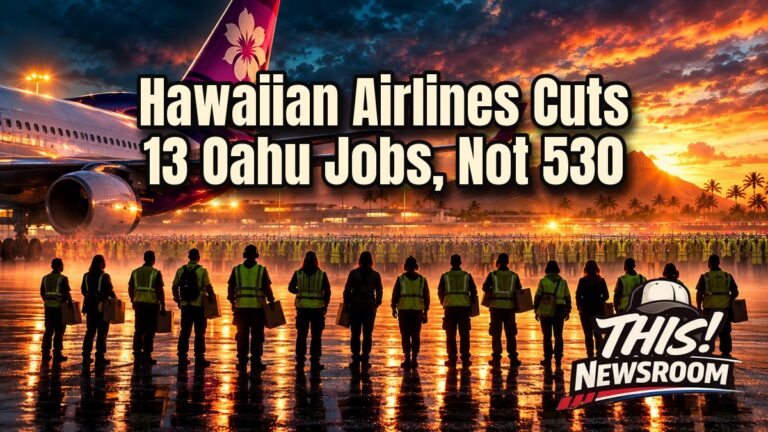 Hawaiian Airlines layoffs: Hawaiian jet on the Honolulu tarmac at golden hour with the Oahu skyline behind it