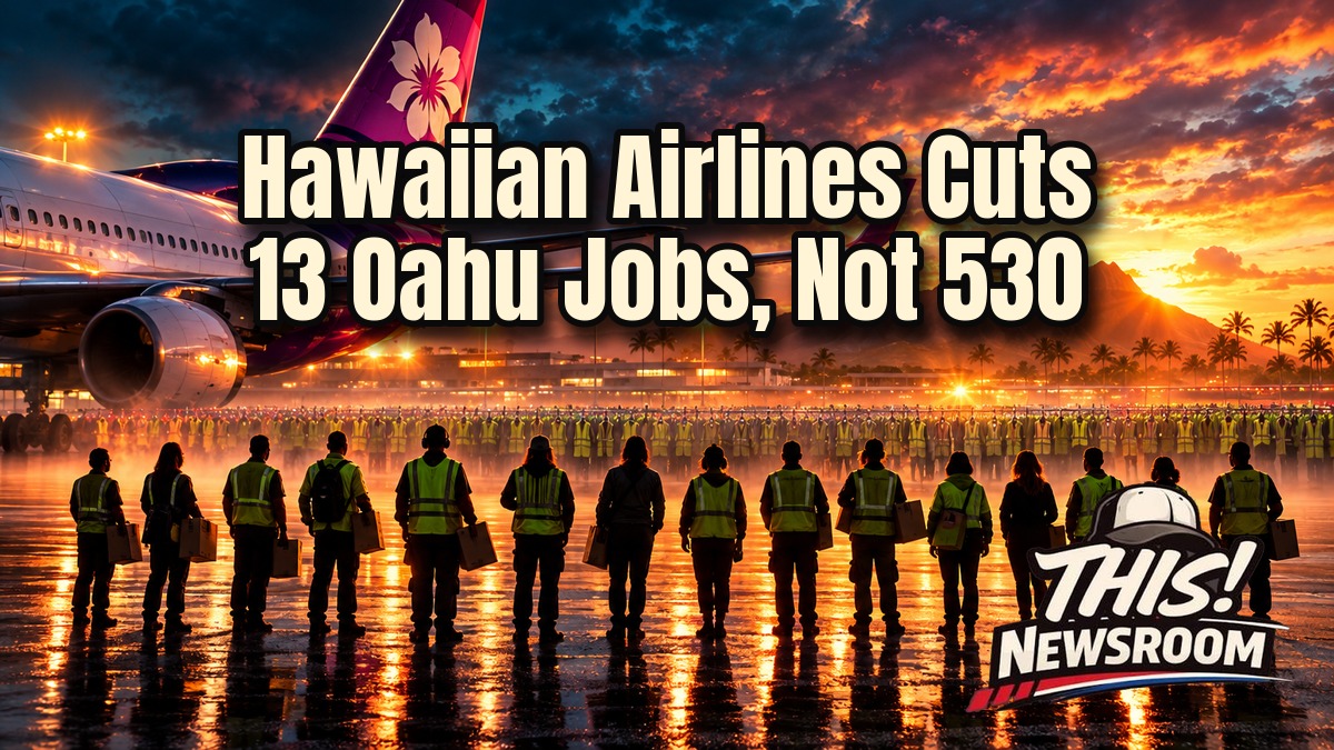 Hawaiian Airlines layoffs: Hawaiian jet on the Honolulu tarmac at golden hour with the Oahu skyline behind it