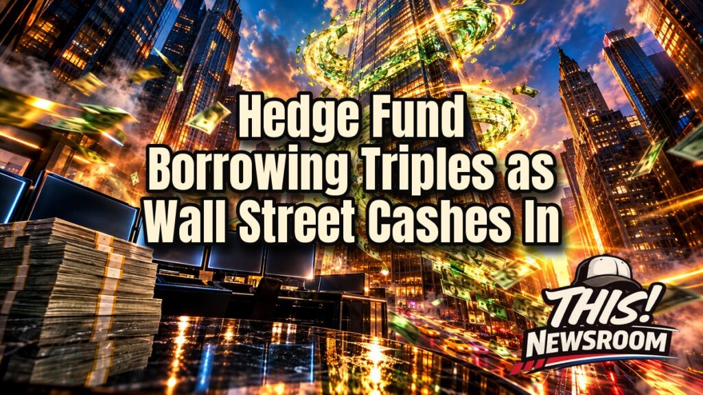 Hedge fund borrowing boom shown as glowing stacks of cash and a trading floor skyline at golden hour