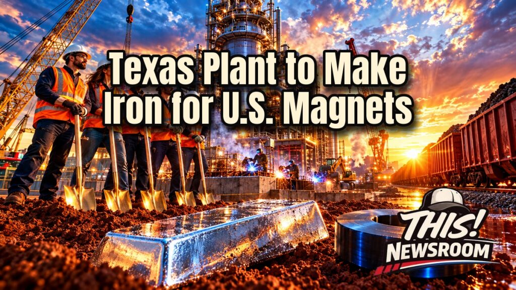 Rare-earth magnet iron plant under construction in Texas at golden hour with glowing steel structures and rising smoke