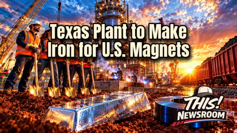 Rare-earth magnet iron plant under construction in Texas at golden hour with glowing steel structures and rising smoke