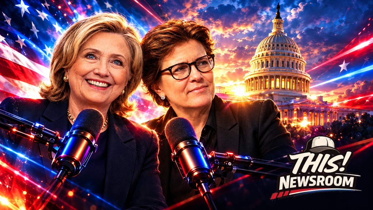 Hillary Clinton and Kara Swisher podcast High Stakes shown with studio microphones, Capitol dome and red, white and blue lighting