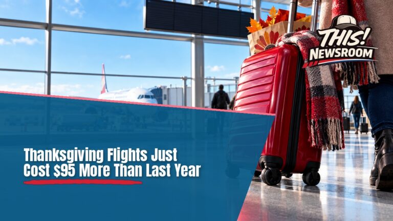 Busy airport terminal with departures board and travelers rolling luggage, showing holiday travel prices rising