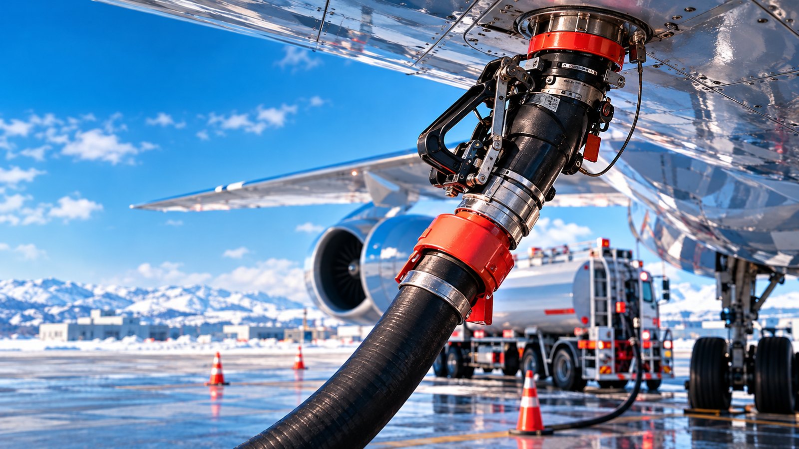 Fuel hose connected to an airliner wing at an airport gate in daylight
