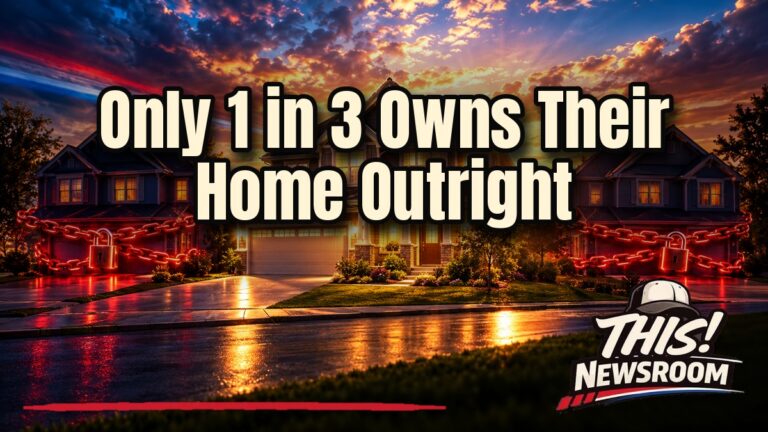 Suburban house with a glowing key and rising debt arrow showing how many homeowners own home free and clear