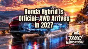 Honda Hybrid crossover with glowing electric all-wheel-drive powertrain cutaway at sunset