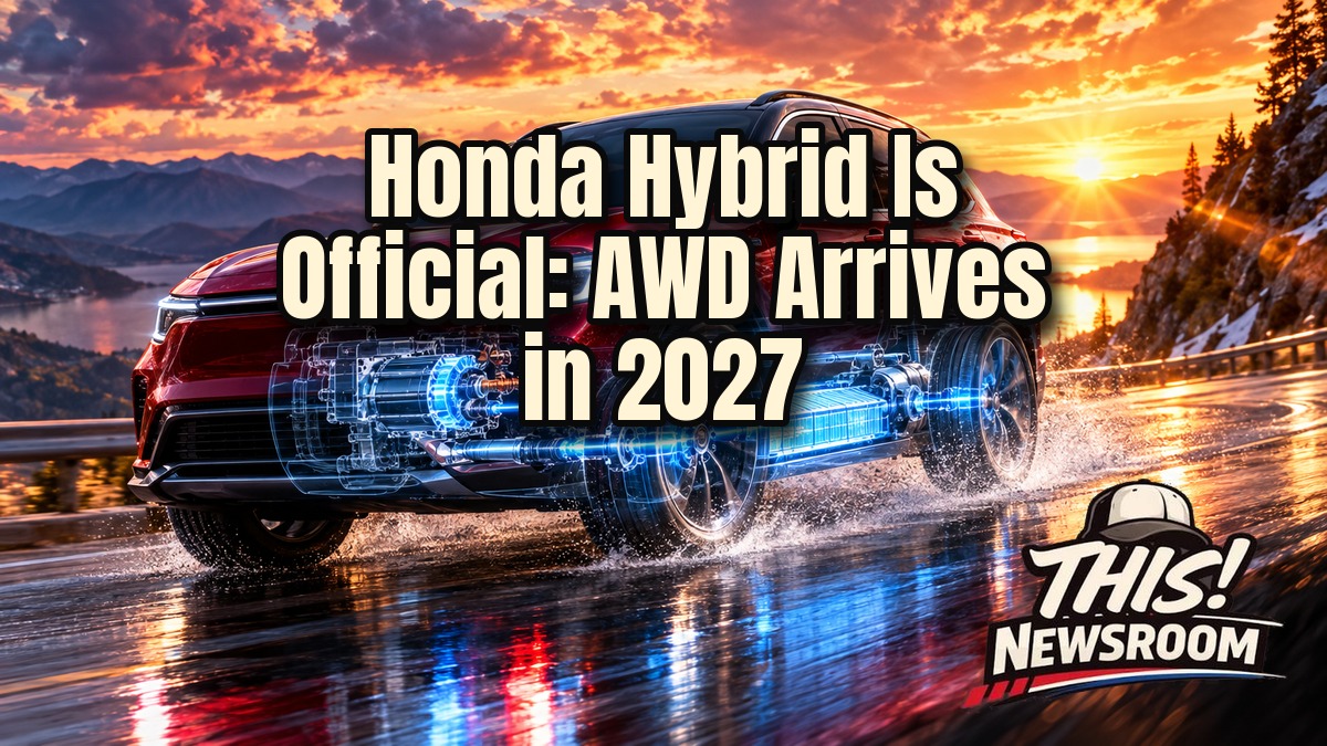 Honda Hybrid crossover with glowing electric all-wheel-drive powertrain cutaway at sunset