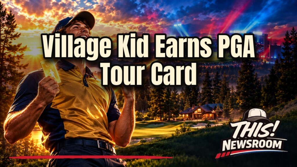 Golfer in a Marquette-style polo following through on a tee shot at sunset, celebrating a PGA Tour card