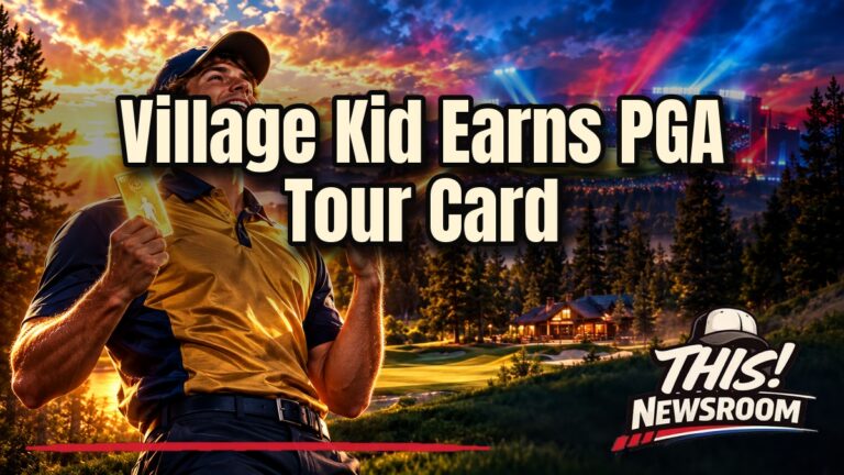 Golfer in a Marquette-style polo following through on a tee shot at sunset, celebrating a PGA Tour card