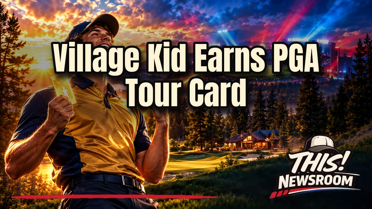 Golfer in a Marquette-style polo following through on a tee shot at sunset, celebrating a PGA Tour card