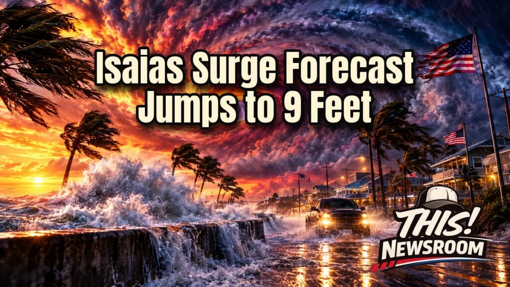 Hurricane Isaias advisory graphic: a massive hurricane over the Gulf of Mexico bearing down on the Florida Panhandle coast at sunset