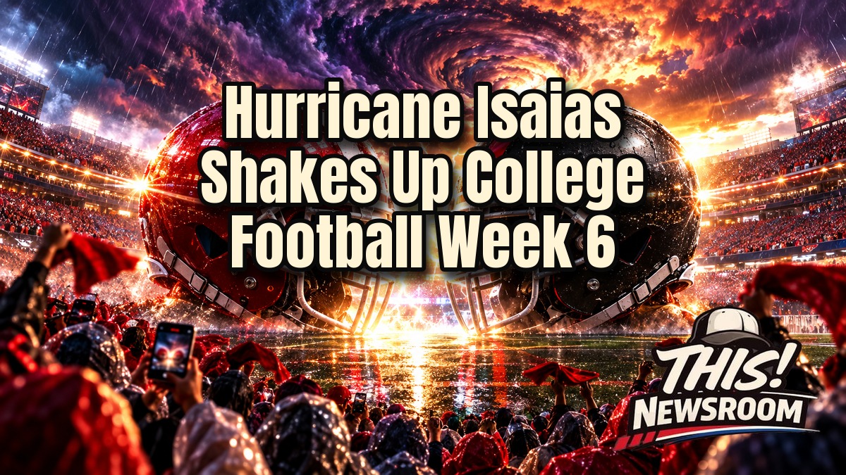 Hurricane Isaias storm clouds over Bryant-Denny Stadium as Georgia and Alabama helmets face off before the college football game