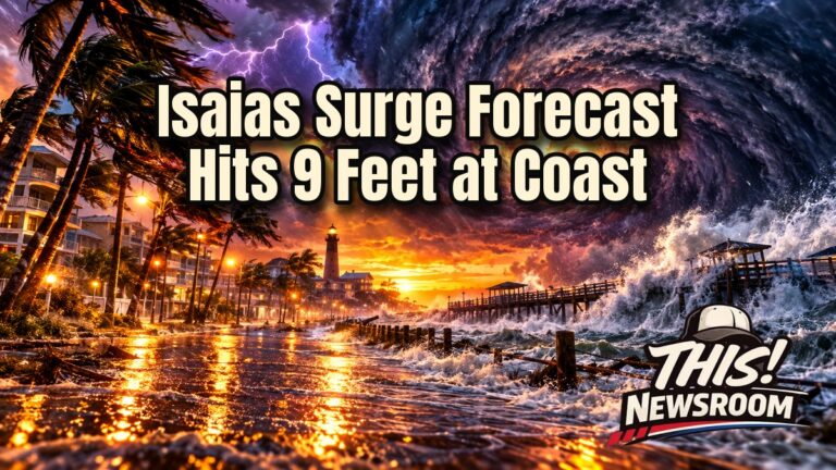 Hurricane Isaias storm surge flooding a Gulf Coast beach town under a dark, glowing storm sky