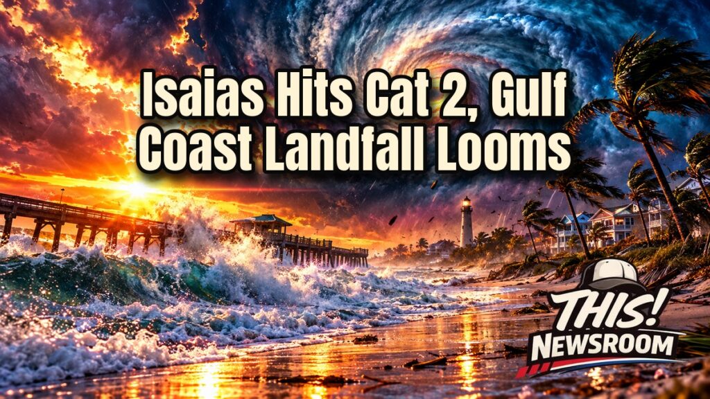 Hurricane Isaias update graphic showing a Category 2 storm with glowing spiral cloud bands bearing down on the Gulf Coast at sunset