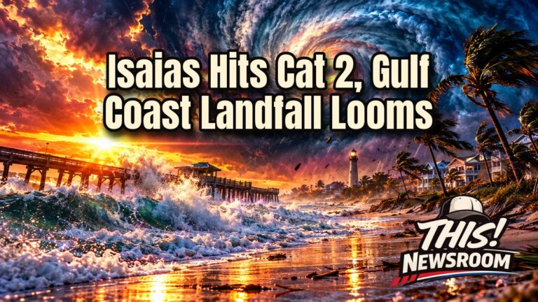 Hurricane Isaias update graphic showing a Category 2 storm with glowing spiral cloud bands bearing down on the Gulf Coast at sunset