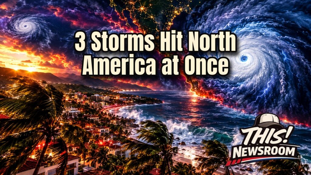 Hurricane Simon Mexico landfall threat shown as a glowing storm over the Pacific coast at golden hour