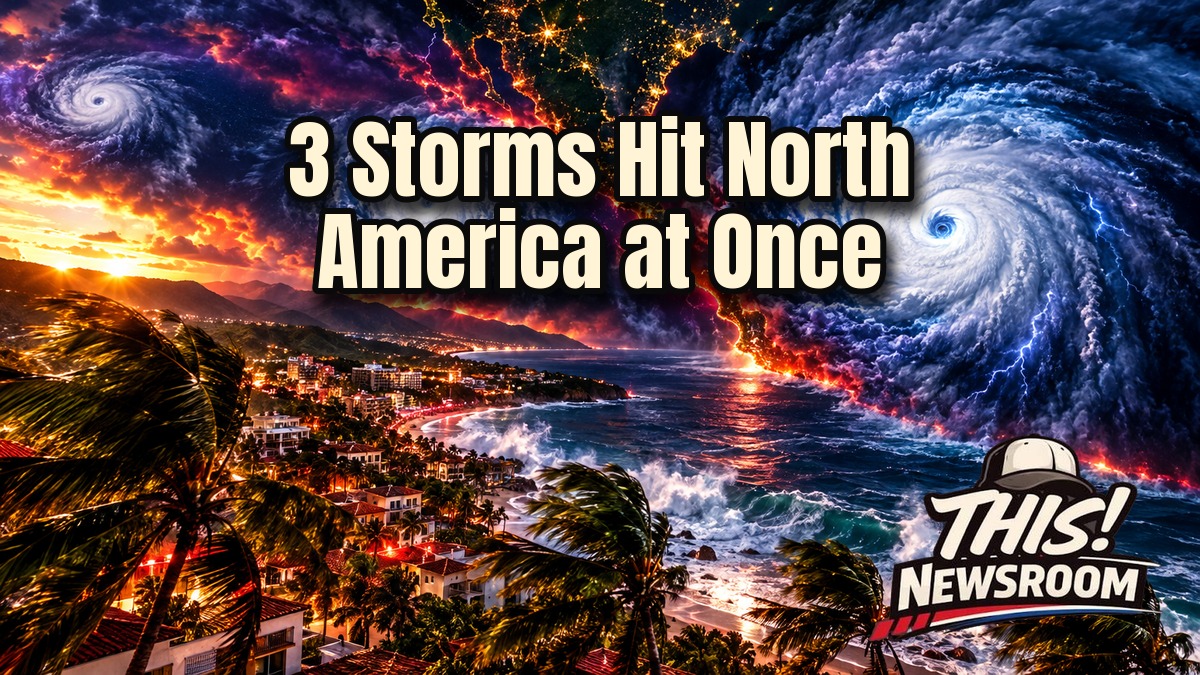 Hurricane Simon Mexico landfall threat shown as a glowing storm over the Pacific coast at golden hour