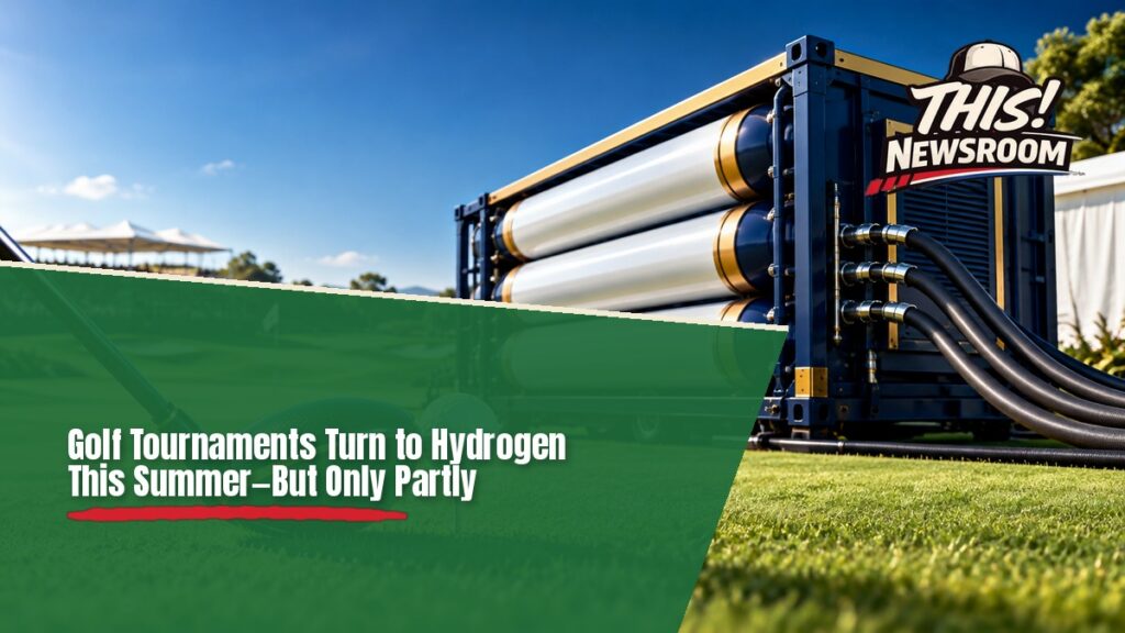 Hydrogen golf tournaments: a clean power unit beside a golf course tournament broadcast area at dusk