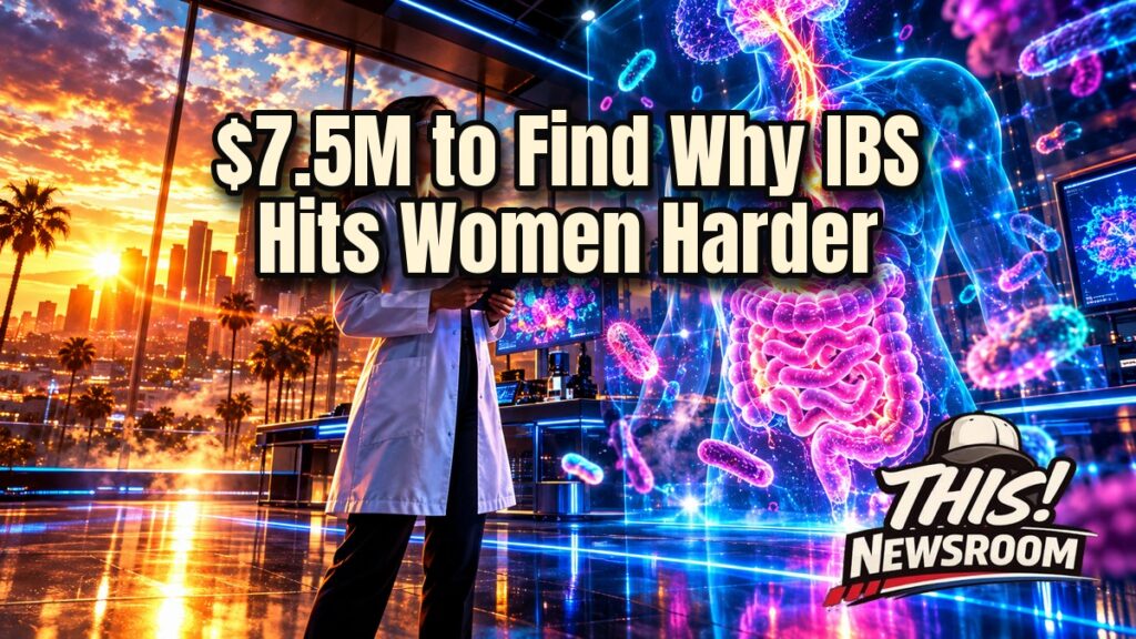 Cinematic illustration of a female researcher in a lab studying IBS research on a glowing digestive system model