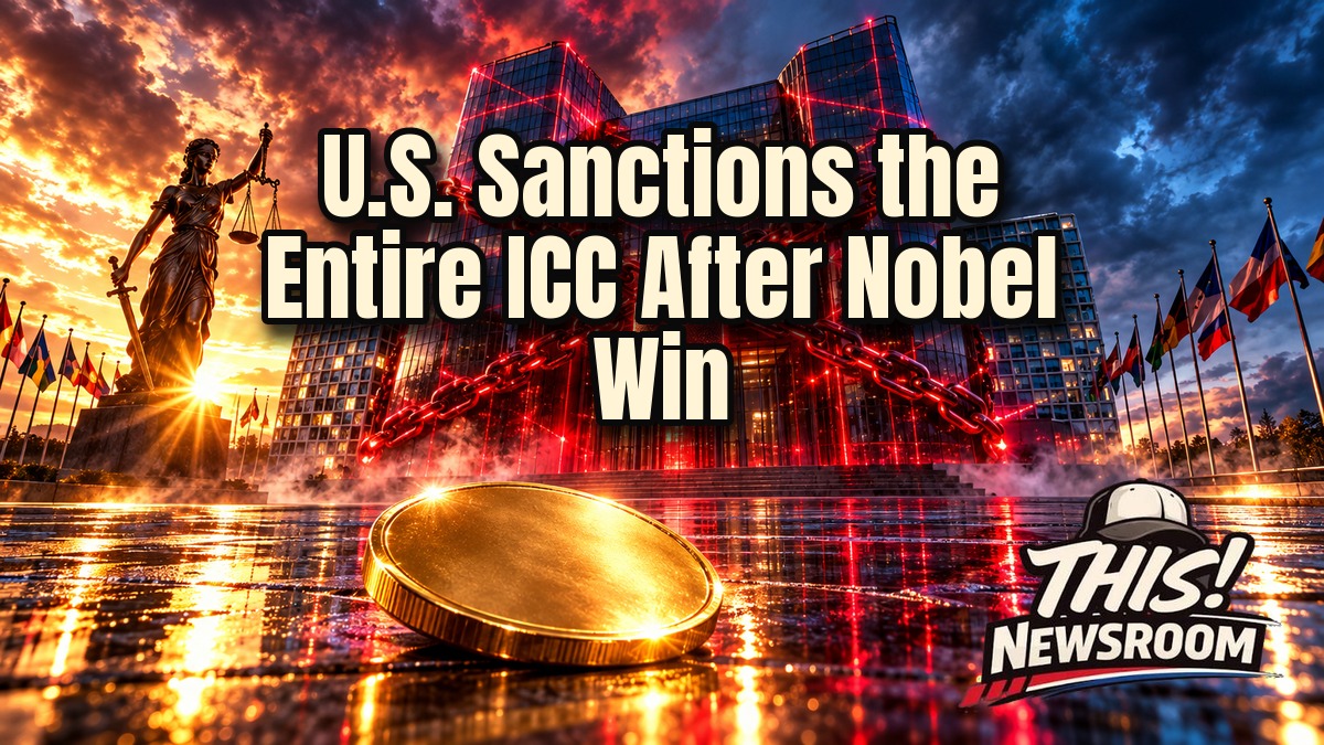Dramatic illustration of ICC sanctions with Marco Rubio facing Navi Pillay in front of a glowing courthouse at dusk