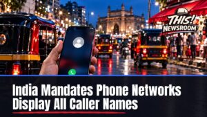 Smartphone showing caller name display on an incoming call in an Indian city street