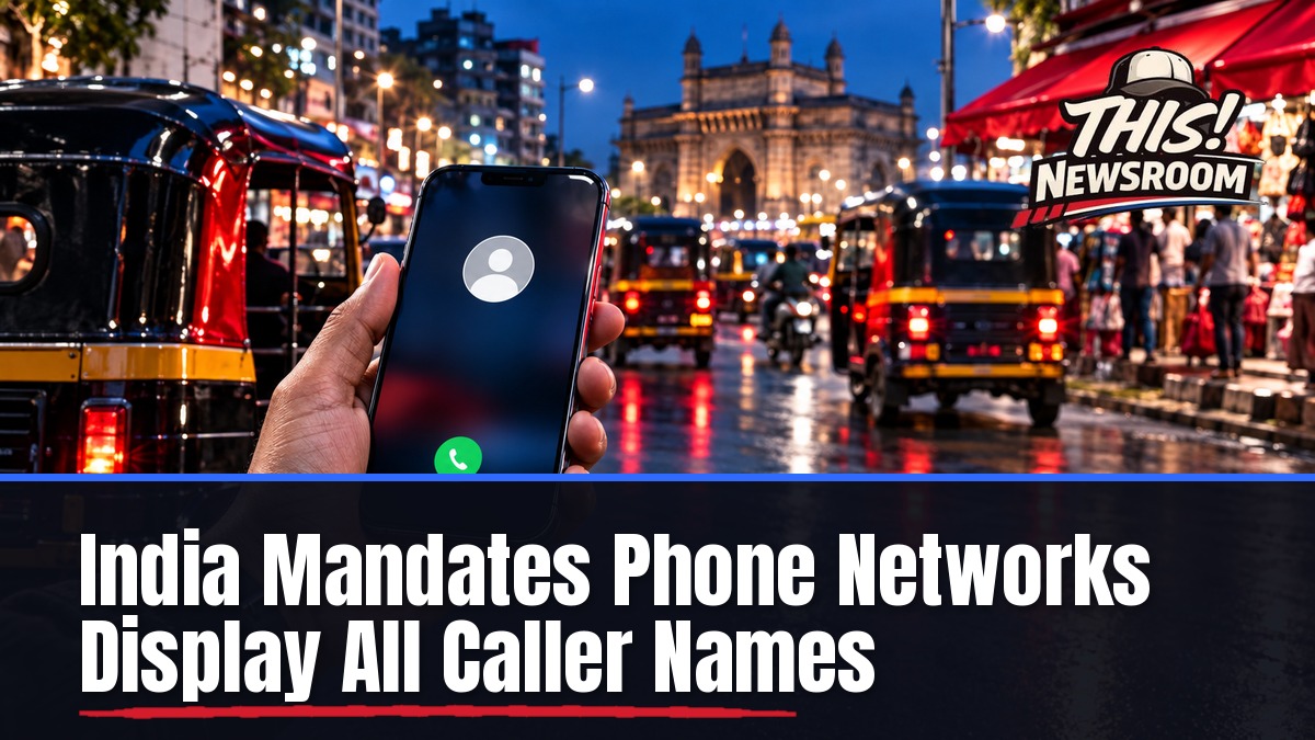 Smartphone showing caller name display on an incoming call in an Indian city street