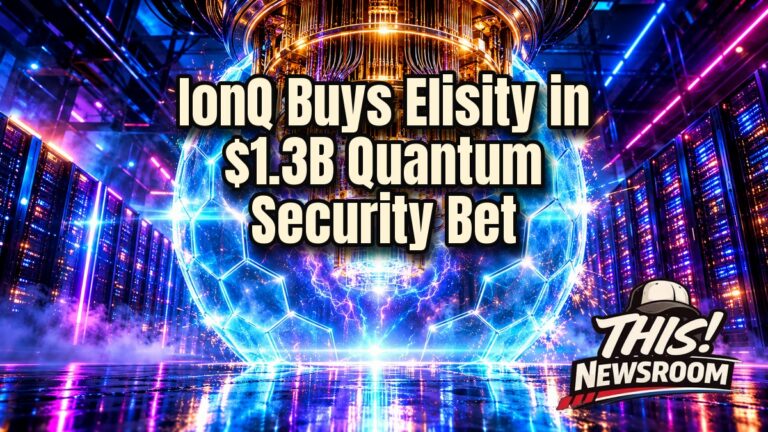 Glowing quantum chip merging with a digital shield, illustrating the IonQ Elisity acquisition