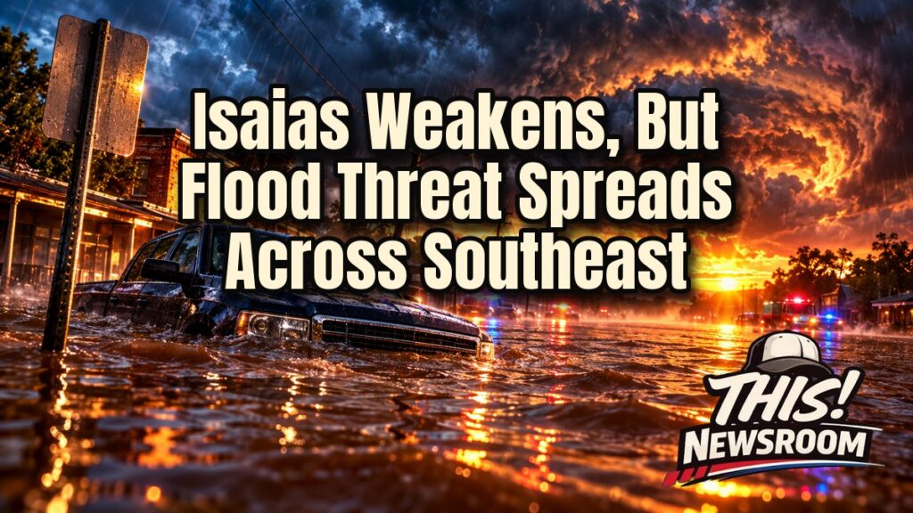 Isaias flooding threat shown as storm clouds and flooded streets over a Southeast town at dusk