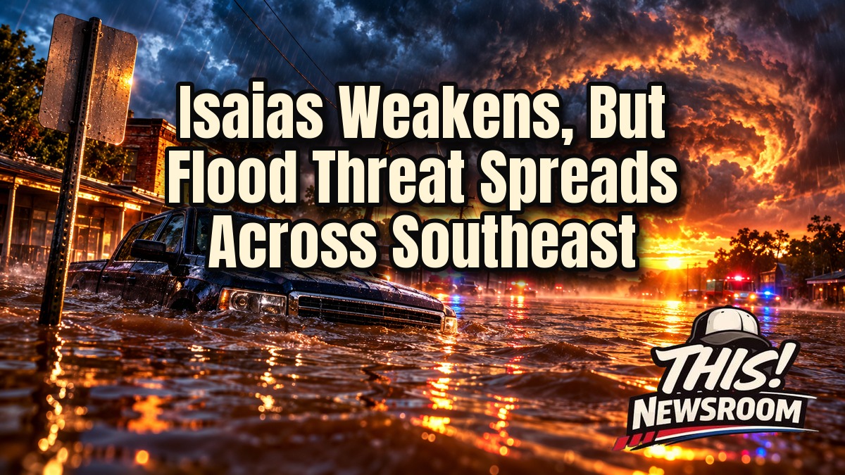 Isaias flooding threat shown as storm clouds and flooded streets over a Southeast town at dusk