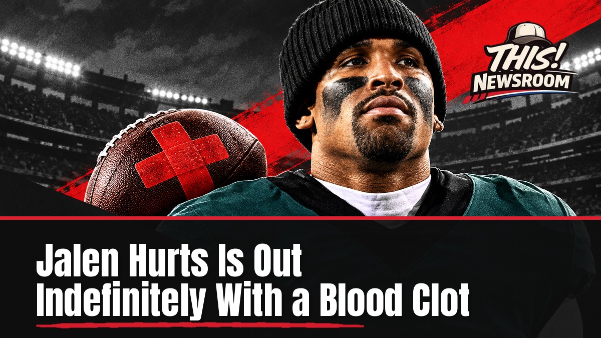 Editorial illustration of Jalen Hurts in an Eagles jersey for the Jalen Hurts blood clot injured reserve story