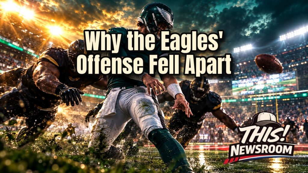 Jalen Hurts in an Eagles uniform under stadium lights, illustrating why the Eagles' offense is struggling