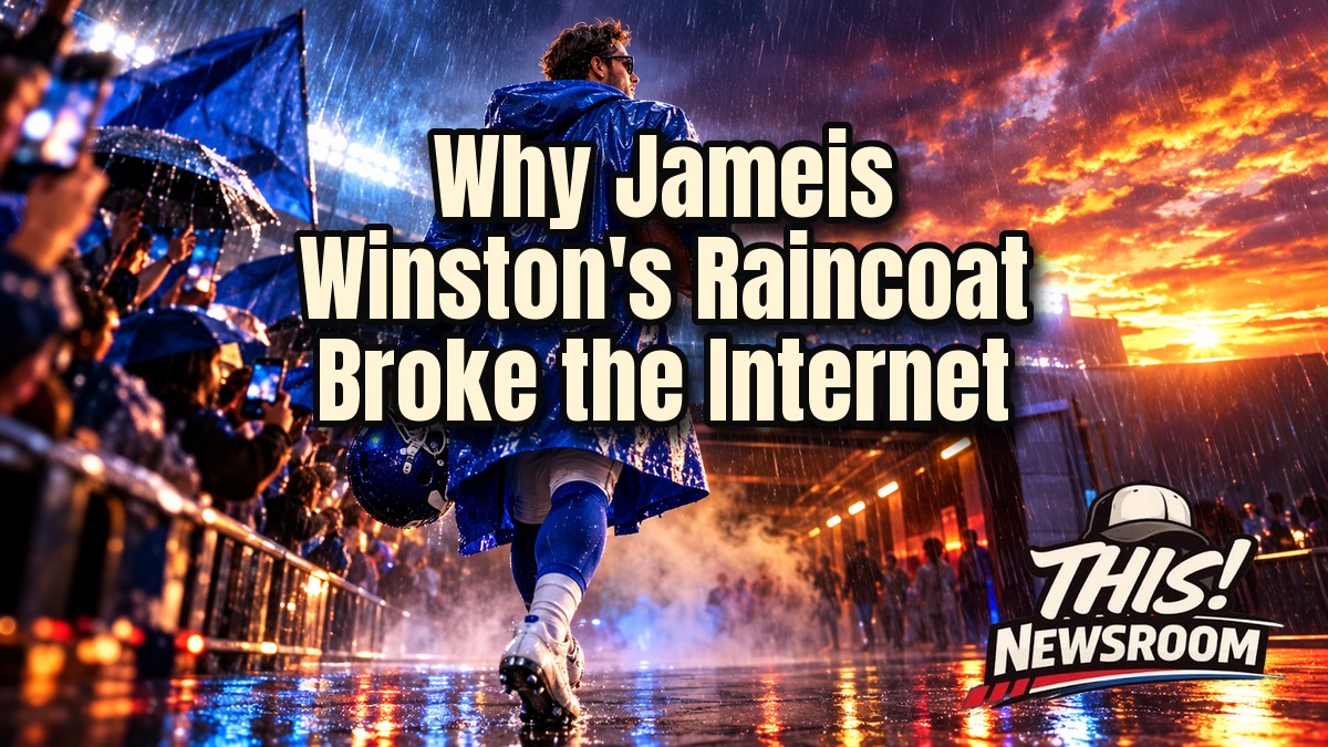 Jameis Winston in a blue raincoat and sunglasses walking into a stadium in dramatic rainy lighting