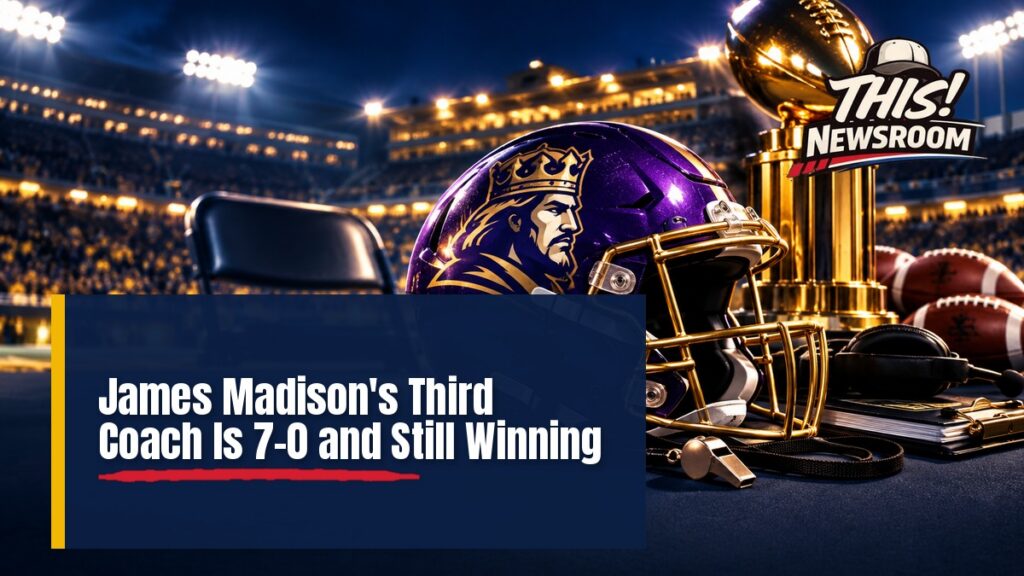 Close-up of a James Madison football helmet in purple and gold, central to the James Madison football coaching story
