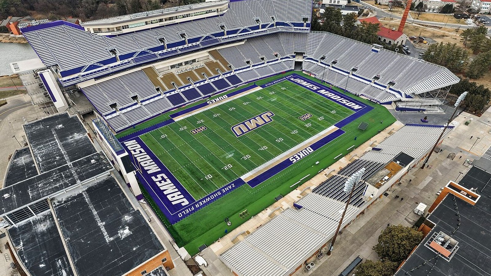 Exterior of Bridgeforth Stadium, the James Madison Dukes football home in Harrisonburg, Virginia
