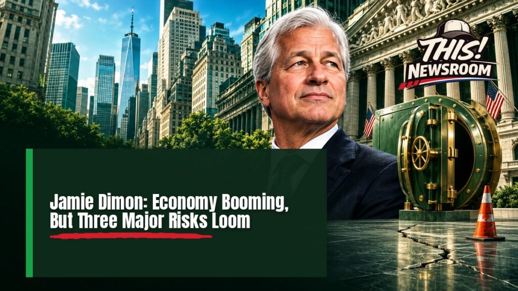 Illustration of a bank CEO in front of a money-green skyline for a story on the Jamie Dimon economy outlook