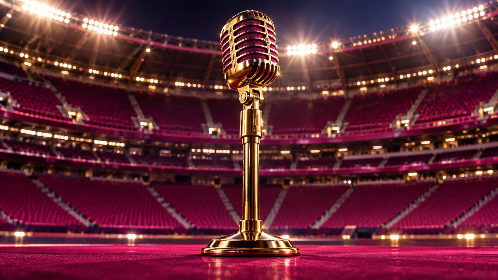 A lone microphone on an empty halftime stage platform inside a stadium with magenta and gold tones