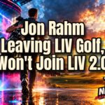 Jon Rahm leaving LIV Golf shown as a golfer in a dramatic golden-hour portrait over a golf course at sunset