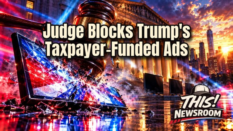 Judge's gavel in front of a Manhattan courthouse as taxpayer-funded ads go dark on TV screens