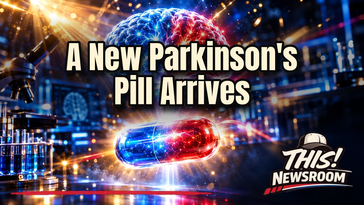 Juvmo Parkinson's drug pill and brain scan glowing in red, white and blue light