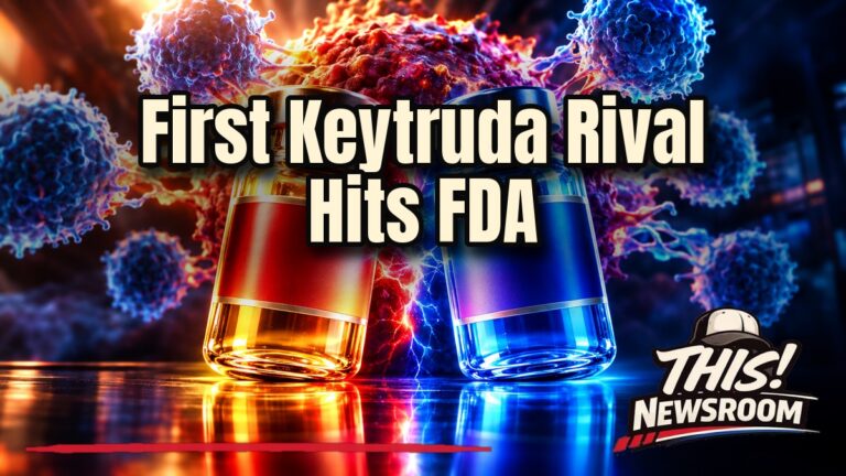 Glowing cancer drug vials and a DNA helix in red and blue light, illustrating the Keytruda biosimilar FDA review