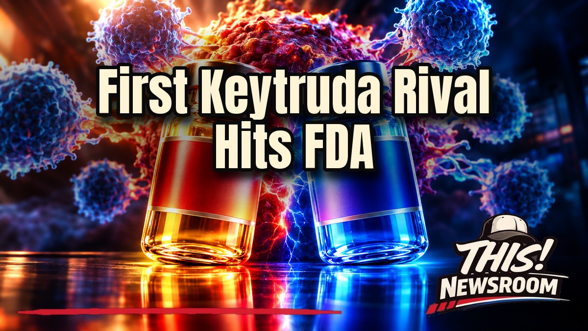 Glowing cancer drug vials and a DNA helix in red and blue light, illustrating the Keytruda biosimilar FDA review