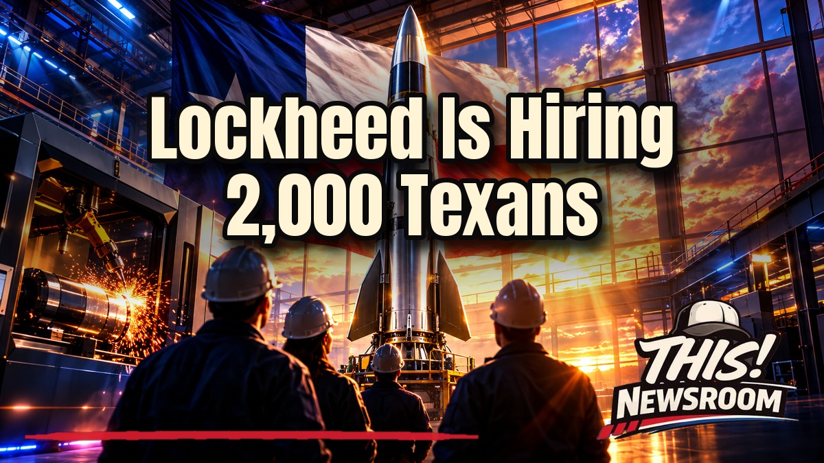 Lockheed Martin Texas jobs expansion shown as a glowing Grand Prairie missile factory with robotic machining arms at sunset