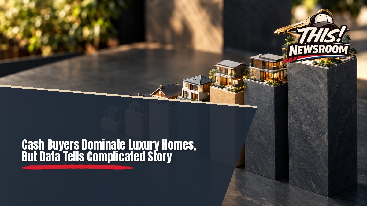 Slate and sand-colored scale model of houses stacked as a bar chart, illustrating the luxury housing market
