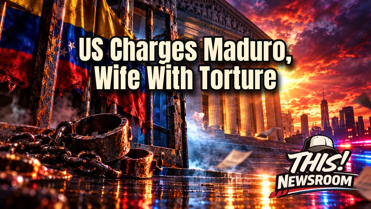 Cinematic illustration of a Manhattan federal courthouse at dusk representing the Maduro torture charges